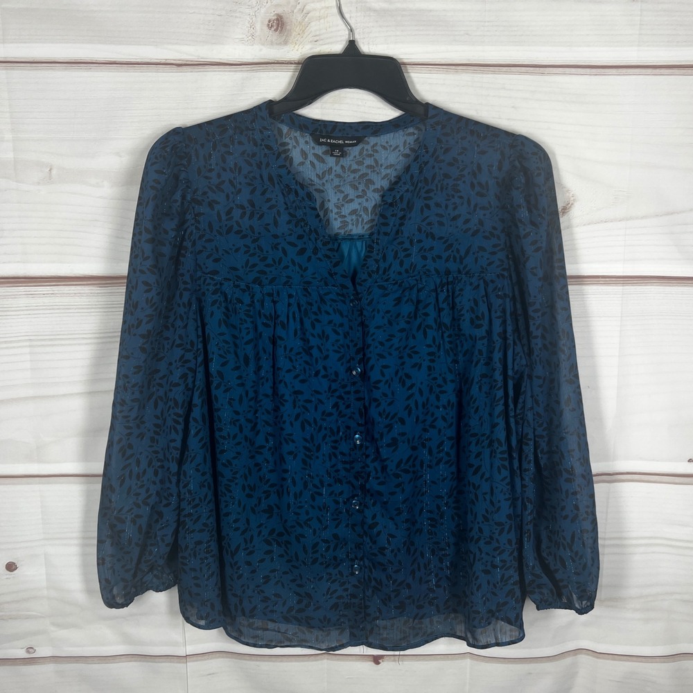 Zac & Rachel Floral Blouse Womens 1X Blue Metallic Button Up Peasant Chiffon